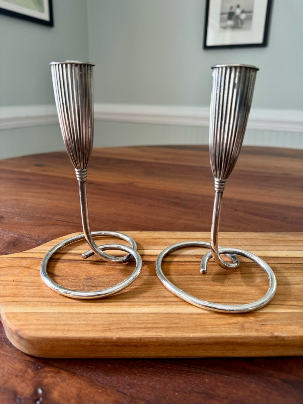 Pair Of Vintage MCM Candle Holders NAPIER Silver Plate Tapers Fluted Ribbed Mod